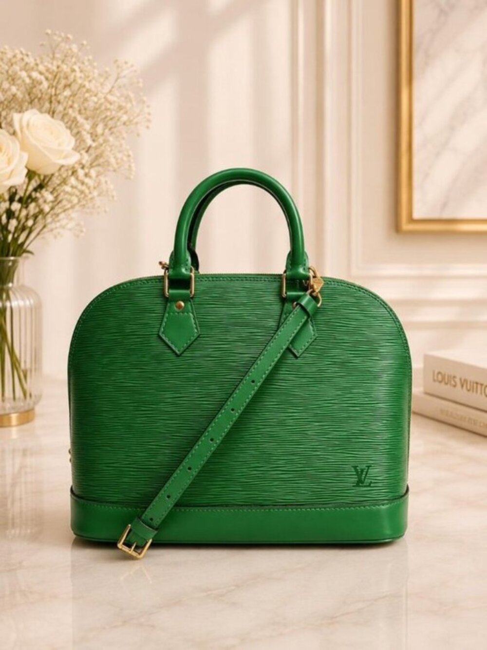 Authentic Louis Vuitton Alma Epi Leather Green Top Handle Crossbody Bag